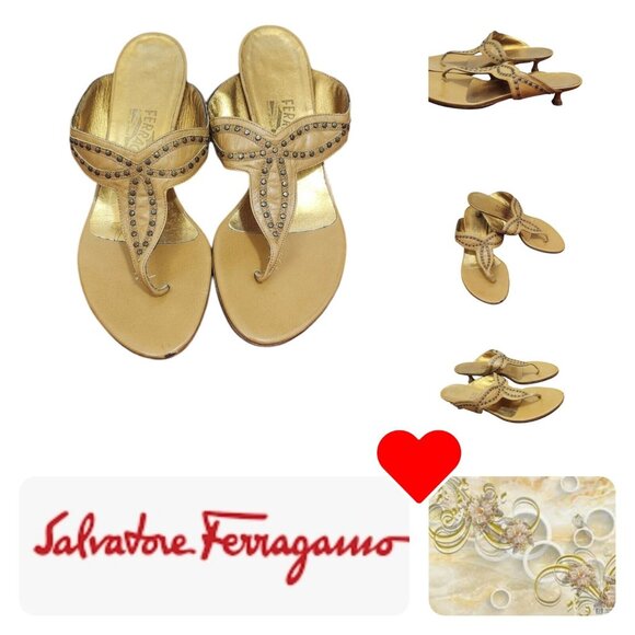 SALVATORE Ferragamo nailhead leather thong kitten heel sandals camel Size 8 - Picture 1 of 15